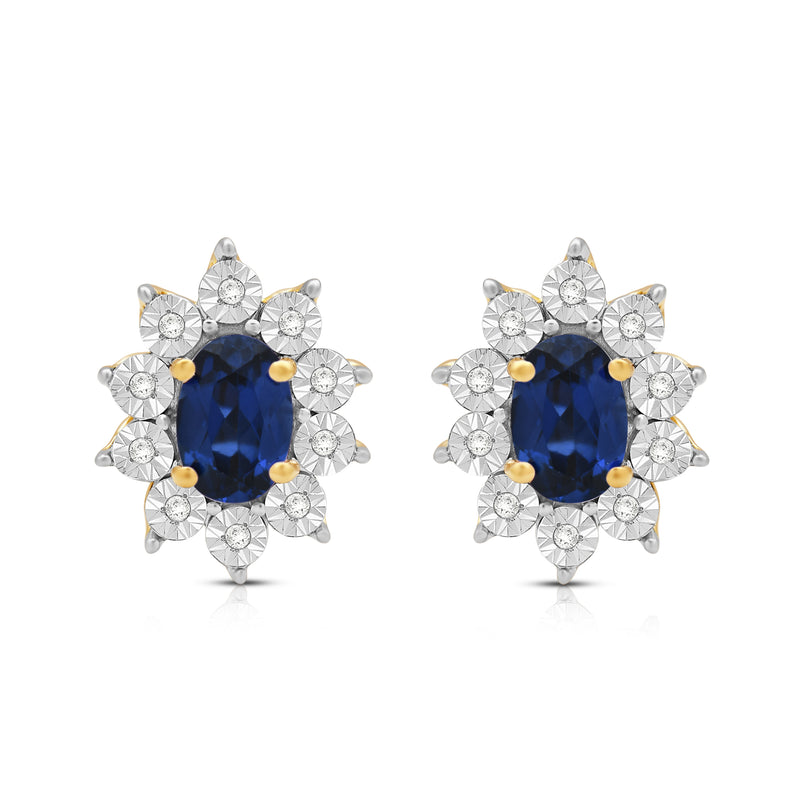 Jewelili 18K Yellow Gold over Sterling Sliver 6x4 MM Oval Created Blue Sapphire and 1/20 Cttw Natural White Round Diamond Cluster Stud Earrings