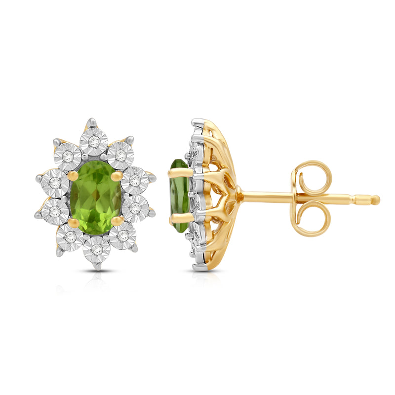 Jewelili 18K Yellow Gold over Sterling Sliver 6x4 MM Oval Genuine Peridot and 1/20 Cttw Natural White Round Diamond Cluster Stud Earrings