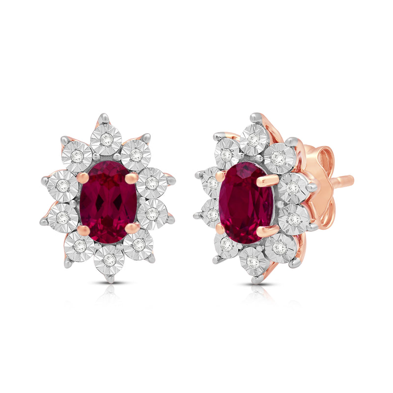 Jewelili 14K Rose Gold Over Sterling Sliver 6x4 MM Oval Created Ruby and 1/20 Cttw Natural White Round Diamond Cluster Stud Earrings