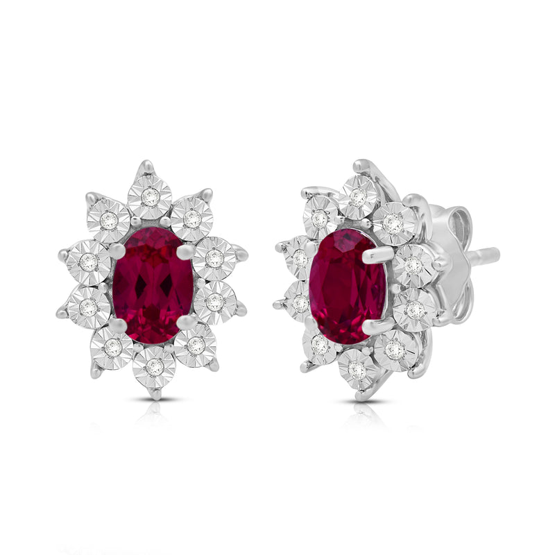 Jewelili Sterling Sliver 6x4 MM Oval Created Ruby and 1/20 Cttw Natural White Round Diamond Cluster Stud Earrings