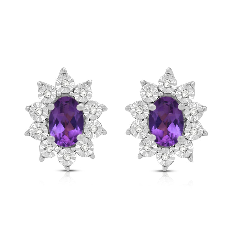 Jewelili Sterling Sliver 6x4 MM Oval Created Amethyst and 1/20 Cttw Natural White Round Diamond Cluster Stud Earrings