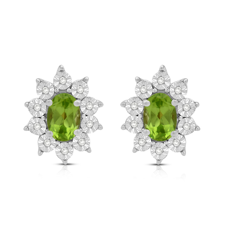 Jewelili Sterling Sliver 6x4 MM Oval Genuine Peridot and 1/20 Cttw Natural White Round Diamond Cluster Stud Earrings