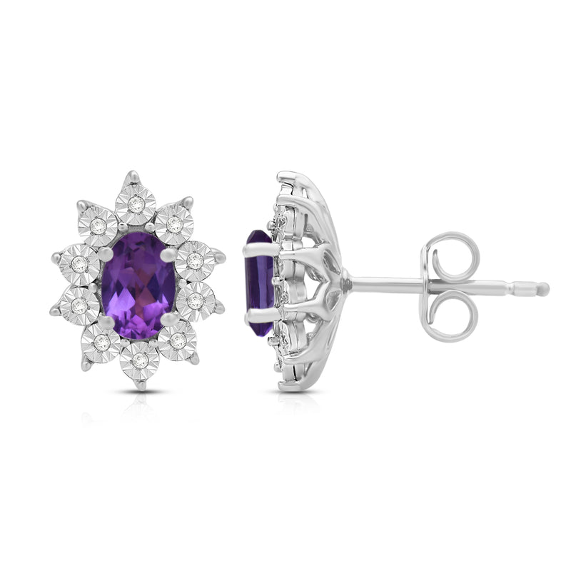 Jewelili Sterling Sliver 6x4 MM Oval Created Amethyst and 1/20 Cttw Natural White Round Diamond Cluster Stud Earrings
