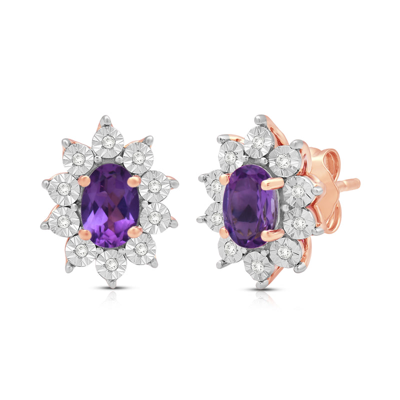Jewelili 14K Rose Gold Over Sterling Sliver Oval Created Amethyst and 1/20 CTTW Natural White Round Diamond Cluster Stud Earrings
