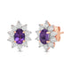 Load image into Gallery viewer, Jewelili 14K Rose Gold Over Sterling Sliver Oval Created Amethyst and 1/20 CTTW Natural White Round Diamond Cluster Stud Earrings
