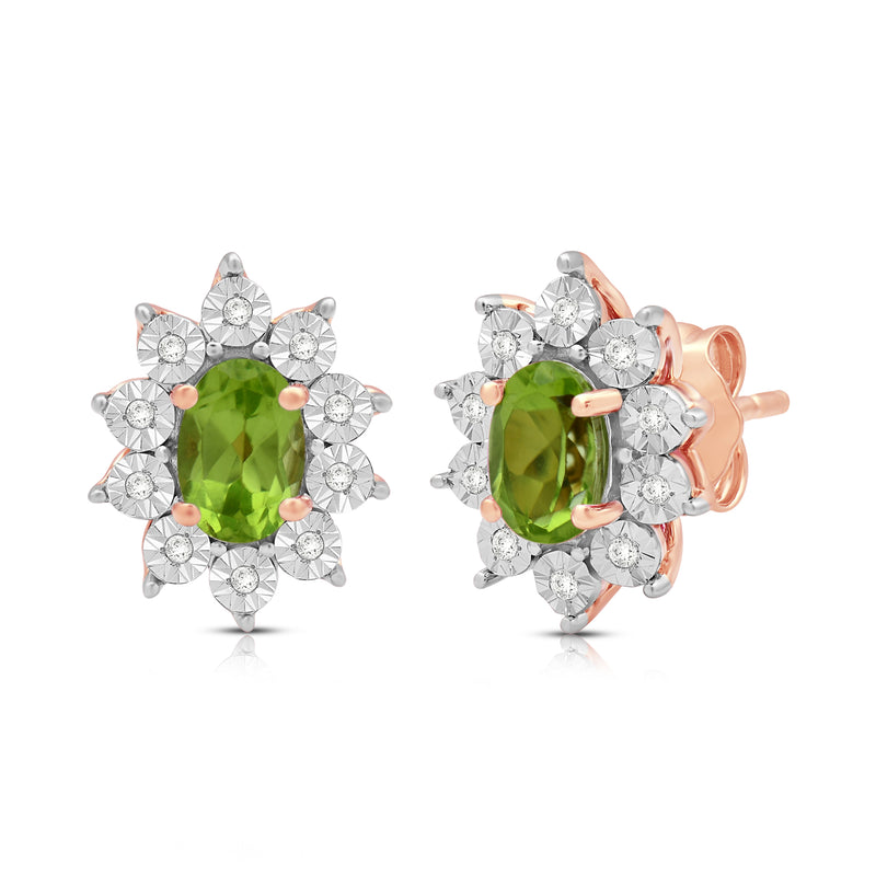Jewelili 14K Rose Gold Over Sterling Sliver Oval Genuine Peridot and 1/20 CTTW Natural White Round Diamond Cluster Stud Earrings