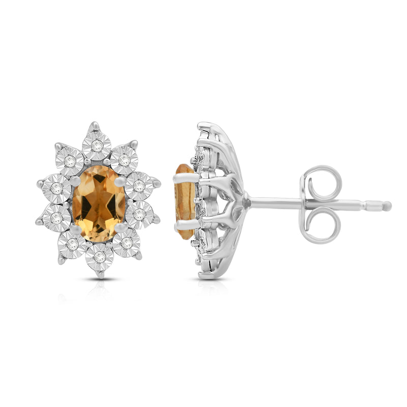 Jewelili Sterling Sliver 6x4 MM Oval Genuine Citrine and 1/20 Cttw Natural White Round Diamond Cluster Stud Earrings