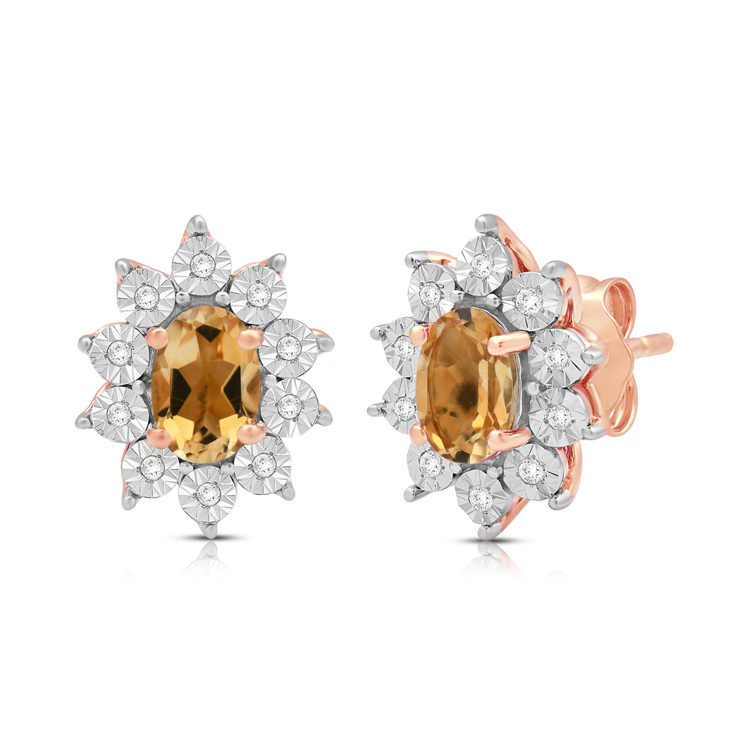 Jewelili 14K Rose Gold Over Sterling Sliver Oval Genuine Citrine and 1/20 CTTW Natural White Round Diamond Cluster Stud Earrings
