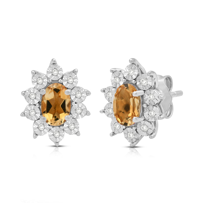 Jewelili Sterling Sliver 6x4 MM Oval Genuine Citrine and 1/20 Cttw Natural White Round Diamond Cluster Stud Earrings