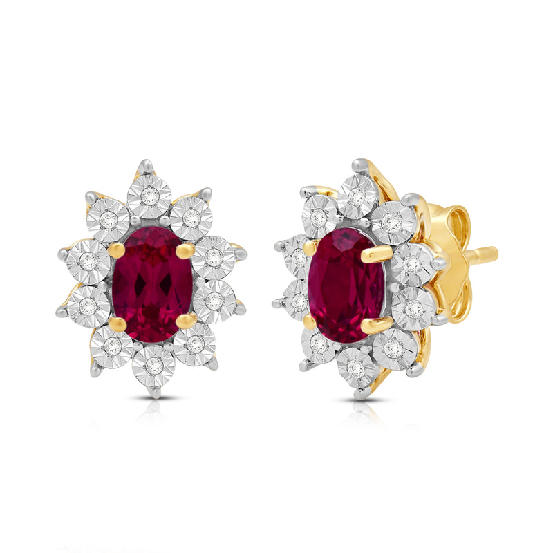 Jewelili 18K Yellow Gold over Sterling Sliver 6x4 MM Oval Created Ruby and 1/20 Cttw Natural White Round Diamond Cluster Stud Earrings