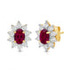 Load image into Gallery viewer, Jewelili 18K Yellow Gold over Sterling Sliver 6x4 MM Oval Created Ruby and 1/20 Cttw Natural White Round Diamond Cluster Stud Earrings
