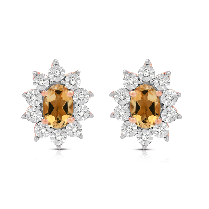 Jewelili 14K Rose Gold Over Sterling Sliver Oval Genuine Citrine and 1/20 CTTW Natural White Round Diamond Cluster Stud Earrings