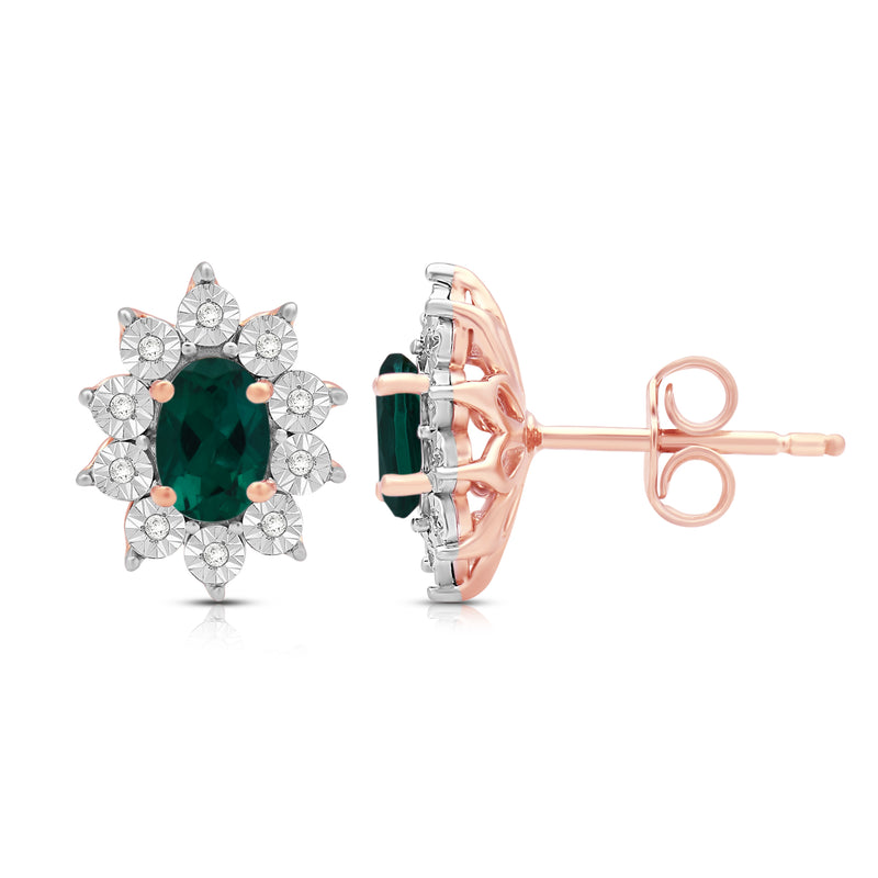 Jewelili 14K Rose Gold Over Sterling Sliver Oval Created Emerald and 1/20 CTTW Natural White Round Diamond Cluster Stud Earrings