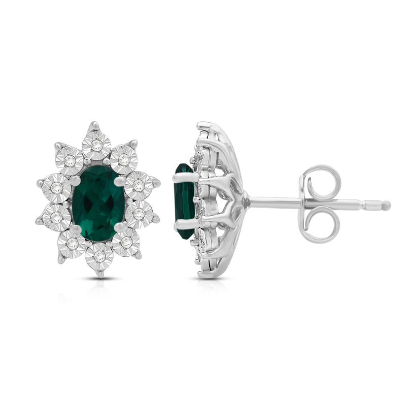 Jewelili Sterling Sliver 6x4 MM Oval Created Emerald and 1/20 Cttw Natural White Round Diamond Cluster Stud Earrings