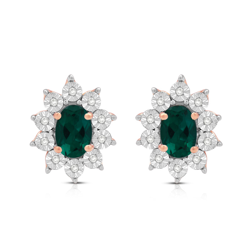 Jewelili 14K Rose Gold Over Sterling Sliver Oval Created Emerald and 1/20 CTTW Natural White Round Diamond Cluster Stud Earrings