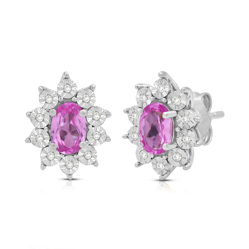 Jewelili Sterling Sliver 6x4 MM Oval Created Pink Sapphire and 1/20 Cttw Natural White Round Diamond Cluster Stud Earrings
