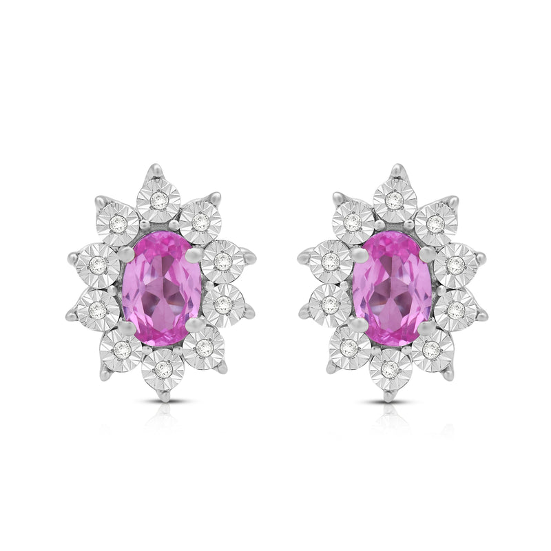 Jewelili Sterling Sliver 6x4 MM Oval Created Pink Sapphire and 1/20 Cttw Natural White Round Diamond Cluster Stud Earrings