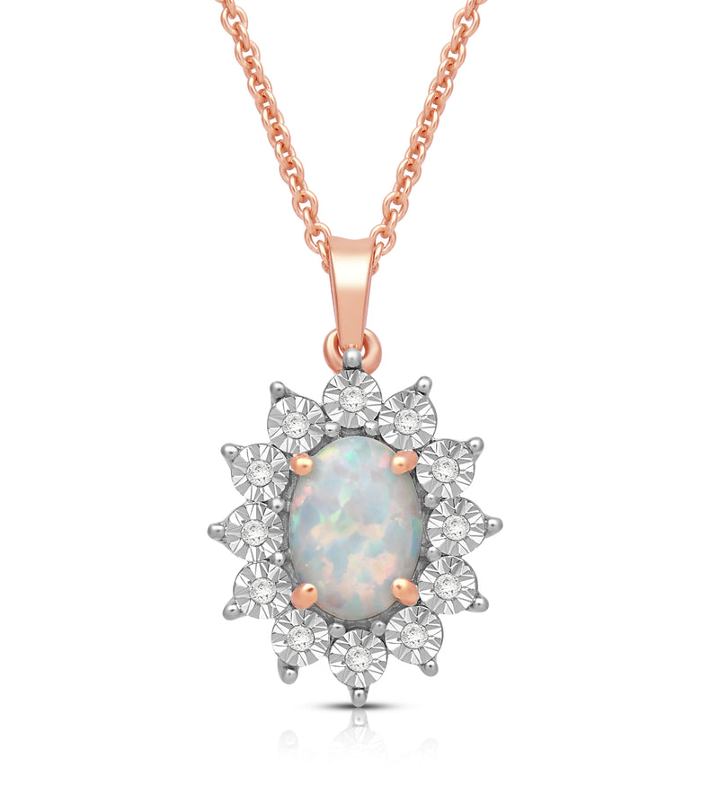 Jewelili 14K Rose Gold over Sterling Silver 7x5 MM Oval Cut Created Opal and 1/20 Cttw Natural White Round Diamond Halo Pendant Necklace