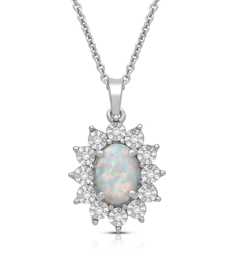 Jewelili Sterling Silver 7x5 MM Oval Cut Created Opal and 1/20 Cttw Natural White Round Diamond Halo Pendant Necklace