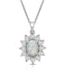 Load image into Gallery viewer, Jewelili Sterling Silver 7x5 MM Oval Cut Created Opal and 1/20 Cttw Natural White Round Diamond Halo Pendant Necklace
