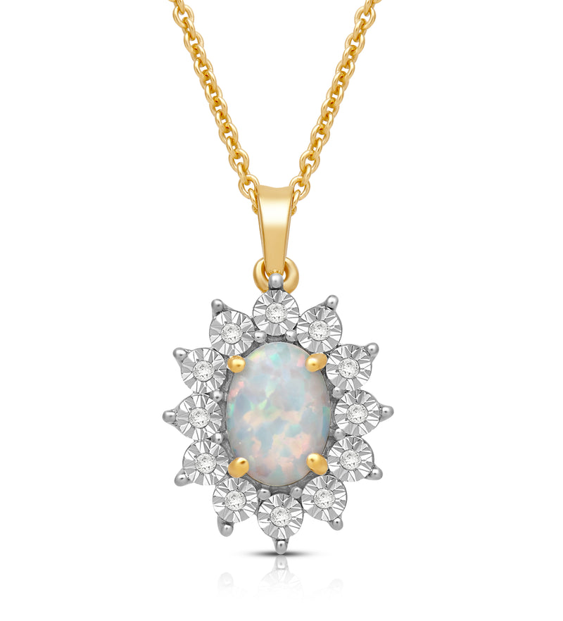 Jewelili 18K Yellow Gold over Sterling Silver 7x5 MM Oval Cut Created Opal and 1/20 Cttw Natural White Round Diamond Halo Pendant Necklace