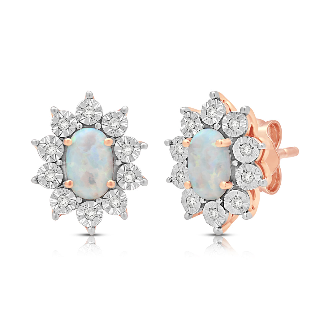 Jewelili 14K Rose Gold over Sterling Silver Oval Cut Created Opal and Natural White Round Diamond Accent Halo Stud Earrings
