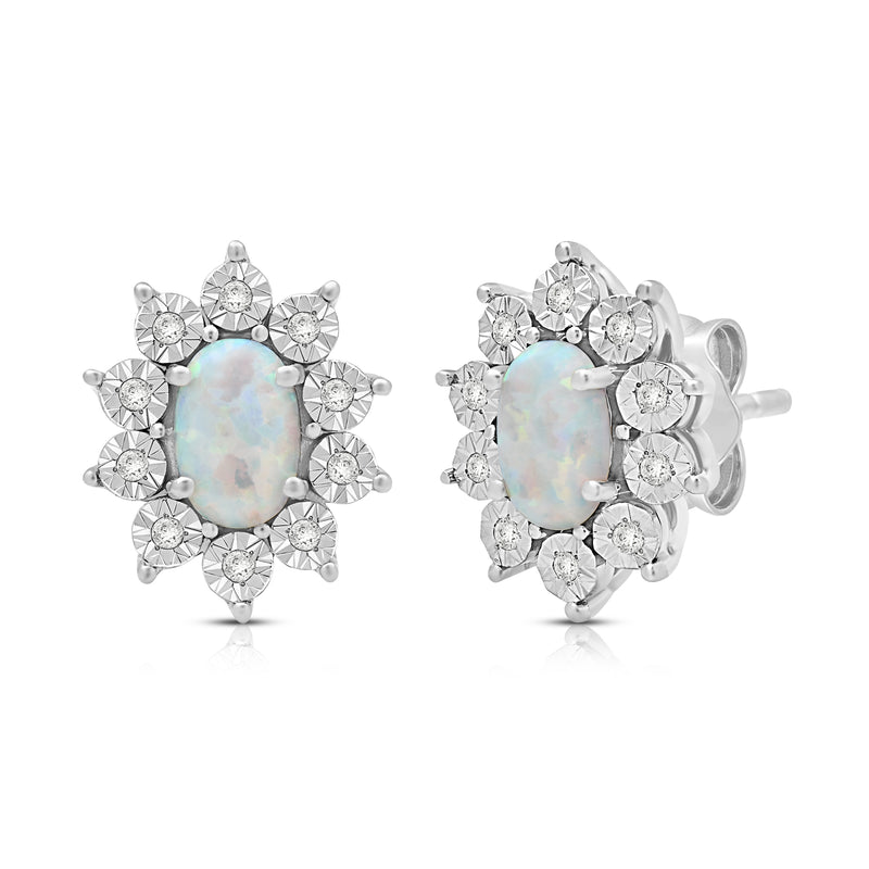 Jewelili Sterling Silver 6x4 MM Oval Cut Created Opal and Natural White Round Diamond Accent Halo Stud Earrings