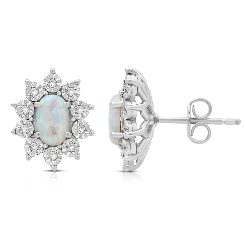 Jewelili Sterling Silver 6x4 MM Oval Cut Created Opal and Natural White Round Diamond Accent Halo Stud Earrings