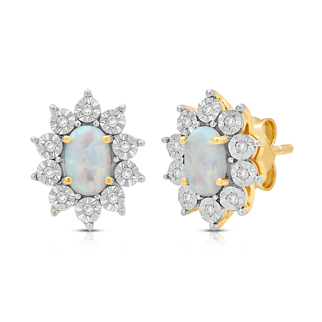 Jewelili 18K Yellow Gold over Sterling Silver 6x4 MM Oval Cut Created Opal and Natural White Round Diamond Accent Halo Stud Earrings