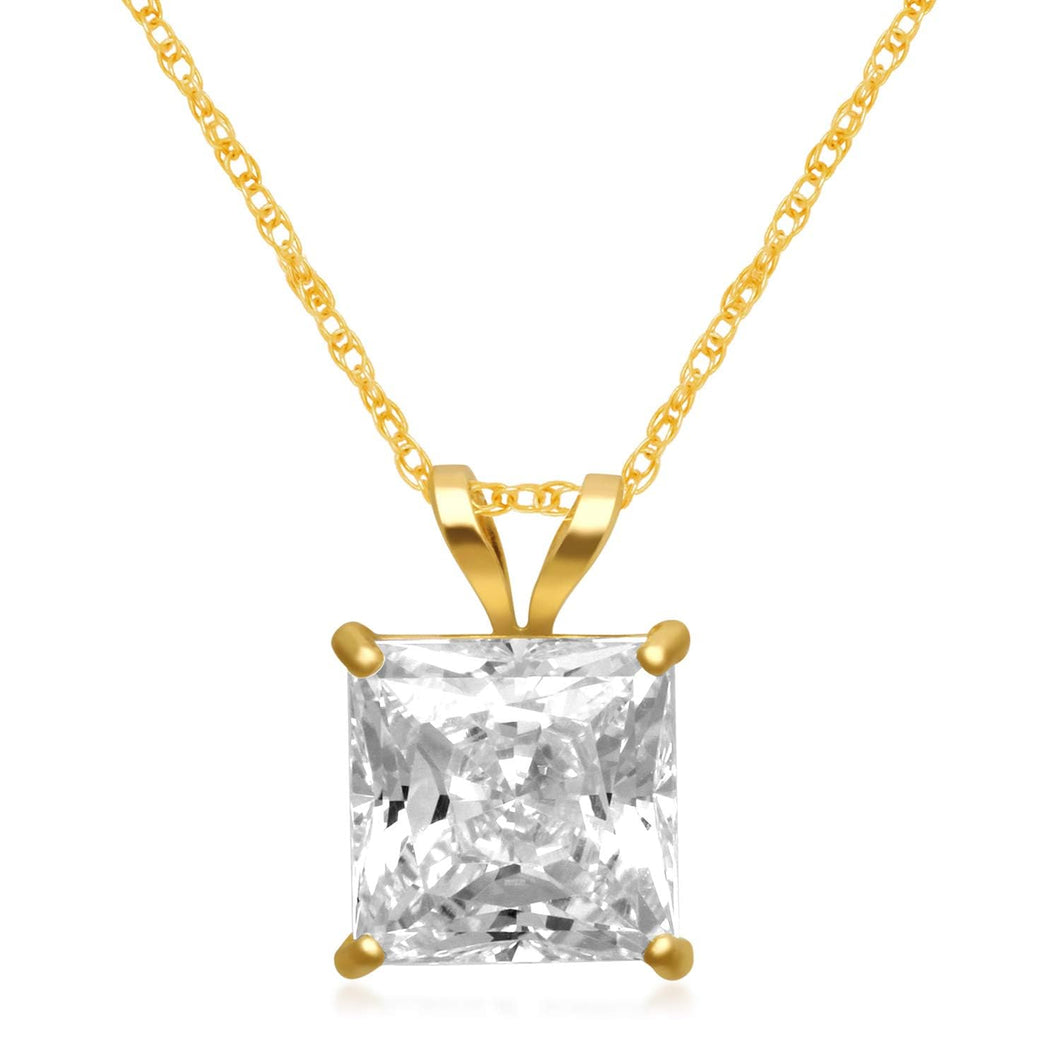 Jewelili 10K Yellow or White Gold 6 MM (1 Cttw), 7 MM (1.5 Cttw) & 7.5MM (2.0 Cttw) Princess Cut Cubic Zirconia Solitaire Pendant Necklace