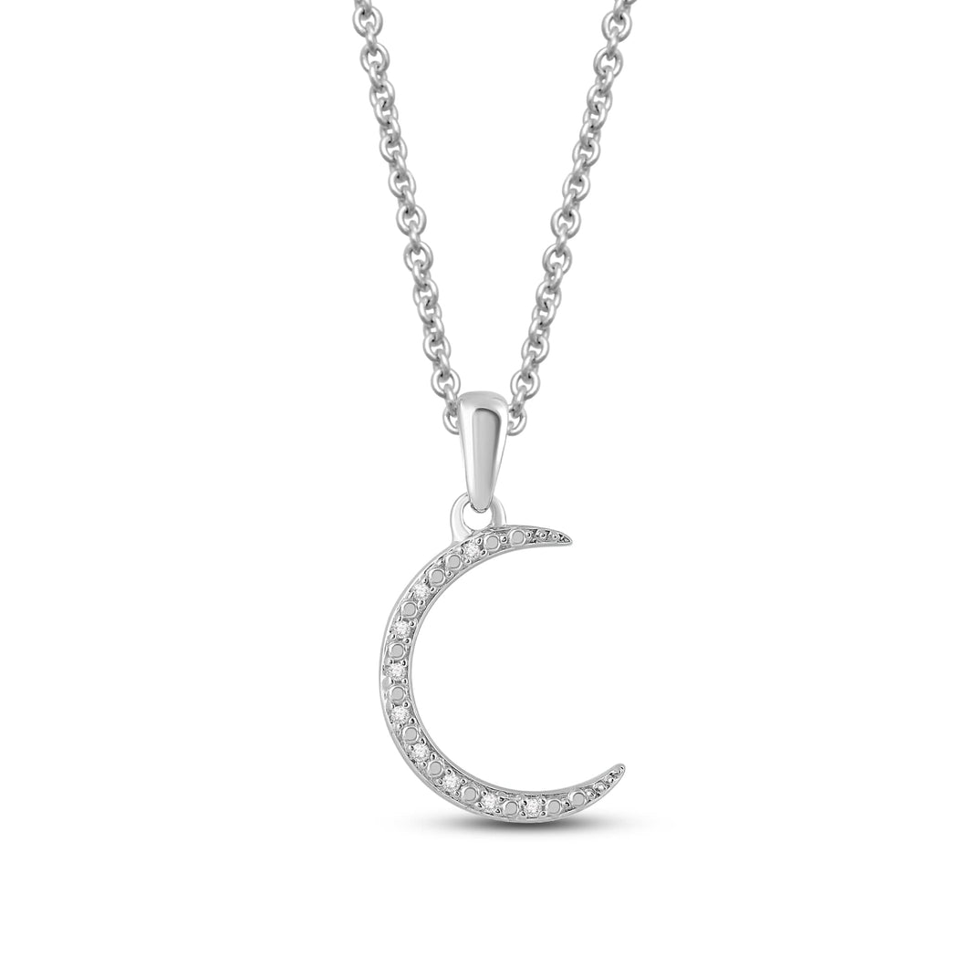 Jewelili Sterling Silver White Round Diamond Accent Crescent Moon Pendant Necklace