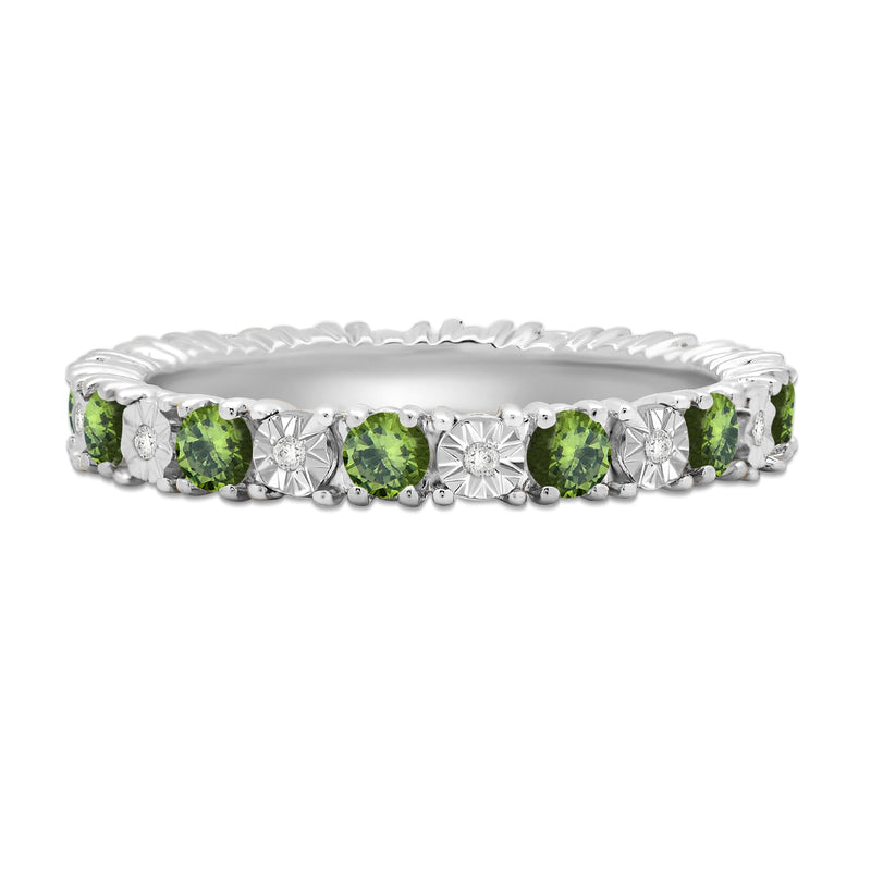 Jewelili Sterling Sliver Peridot Cubic Zirconia and 1/20 Cttw Natural White Round Diamond Full Eternity Stackable Engagement Ring