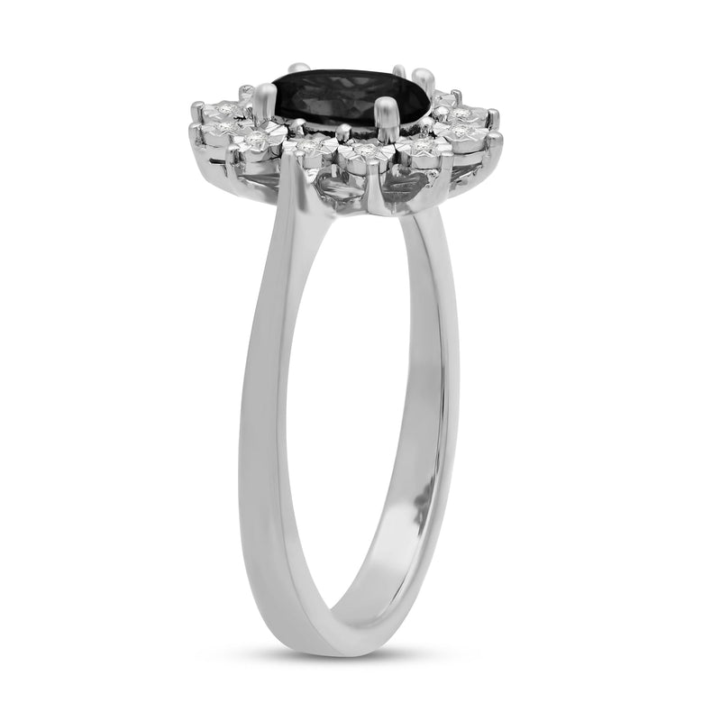 Jewelili Sterling Silver Created Black Sapphire & 1/20 CTTW Natural White Round Diamonds Flower Halo Engagement Ring