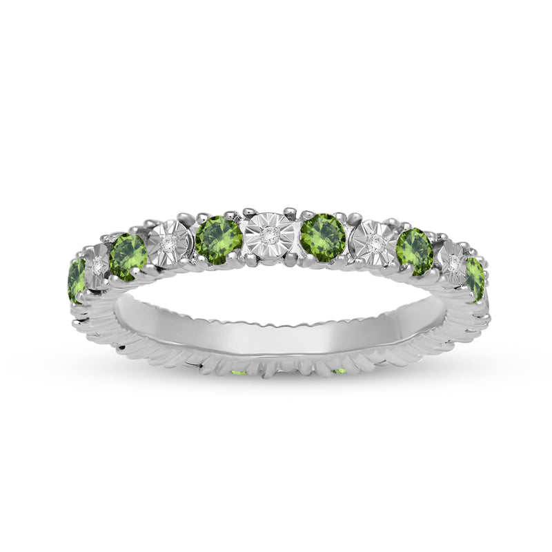 Jewelili Sterling Sliver Peridot Cubic Zirconia and 1/20 Cttw Natural White Round Diamond Full Eternity Stackable Engagement Ring