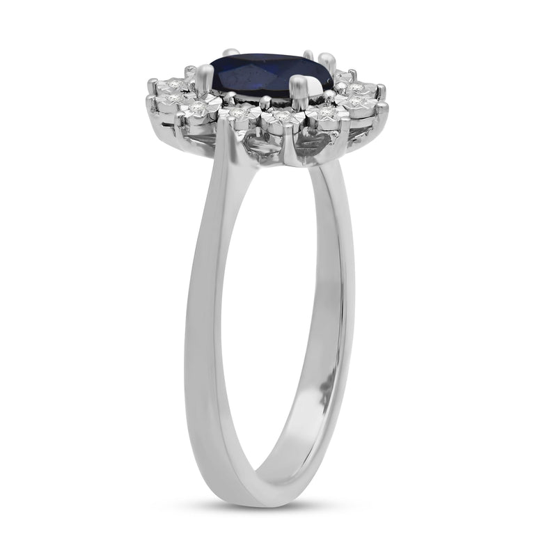 Jewelili Sterling Silver Created Blue Sapphire 1/20 CTTW Natural White Round Diamonds Flower Halo Engagement Ring