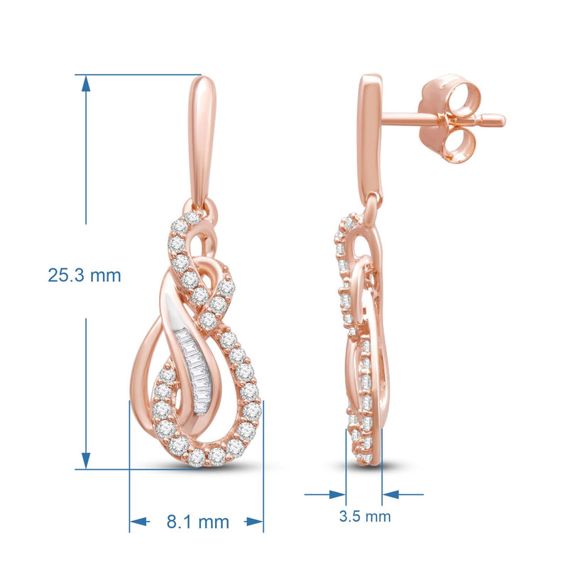 Jewelili 10K Rose Gold 1/3 Cttw Natural White Round and Baguette Diamonds Dangle Earrings