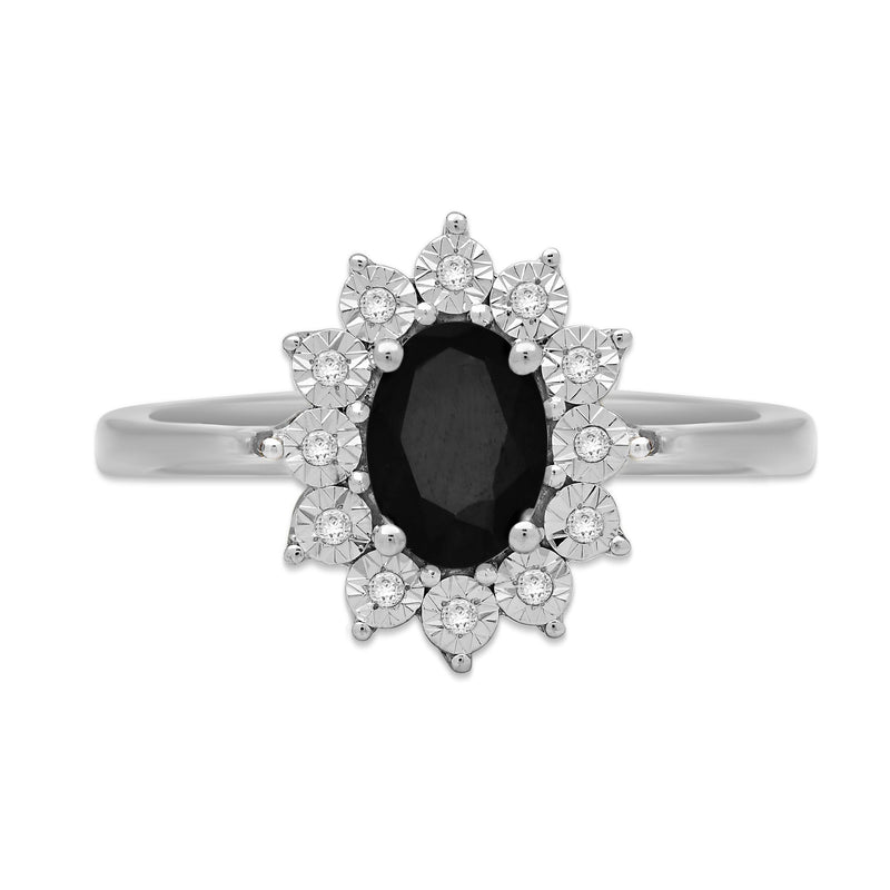 Jewelili Sterling Silver Created Black Sapphire & 1/20 CTTW Natural White Round Diamonds Flower Halo Engagement Ring