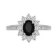 Load image into Gallery viewer, Jewelili Sterling Silver Created Black Sapphire &amp; 1/20 CTTW Natural White Round Diamonds Flower Halo Engagement Ring
