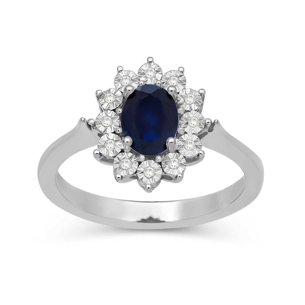 Jewelili Sterling Silver Created Blue Sapphire 1/20 CTTW Natural White Round Diamonds Flower Halo Engagement Ring