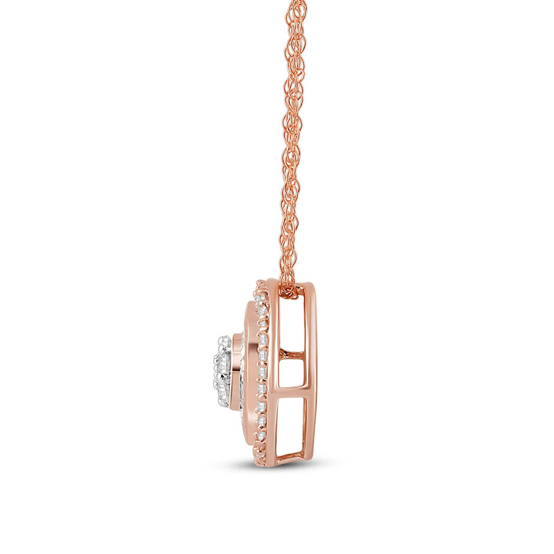 Jewelili 10K Rose Gold 1/4 Cttw Natural White Round and Baguette Diamond Pendant Necklace