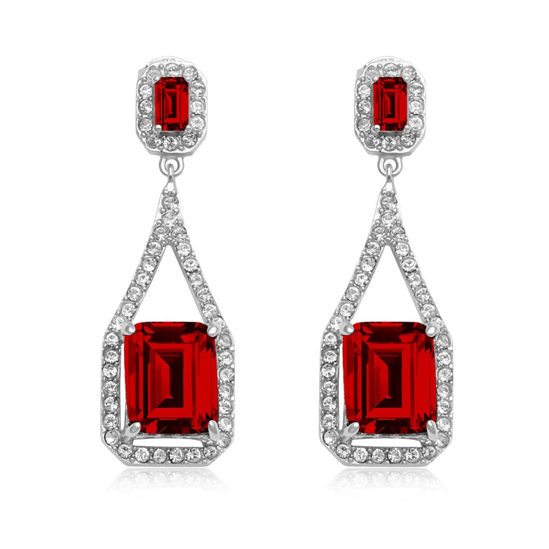 Jewelili Sterling Silver Octagon Simulated Ruby and Round White Clear Crystal Dangle Earrings
