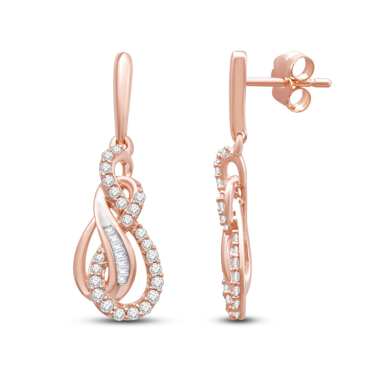 Jewelili 10K Rose Gold 1/3 Cttw Natural White Round and Baguette Diamonds Dangle Earrings