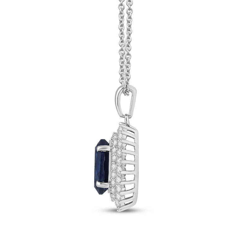 Jewelili Sterling Silver 10x8 MM Oval Created Blue Sapphire and Round Created White Sapphire Halo Pendant Necklace