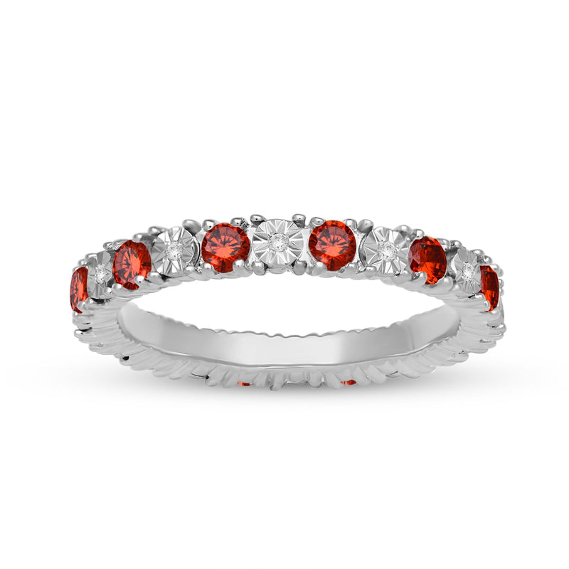 Jewelili Sterling Silver Garnet Cubic Zirconia & 1/20 CTTW Natural White Round Diamonds Full Eternity Stackable Ring