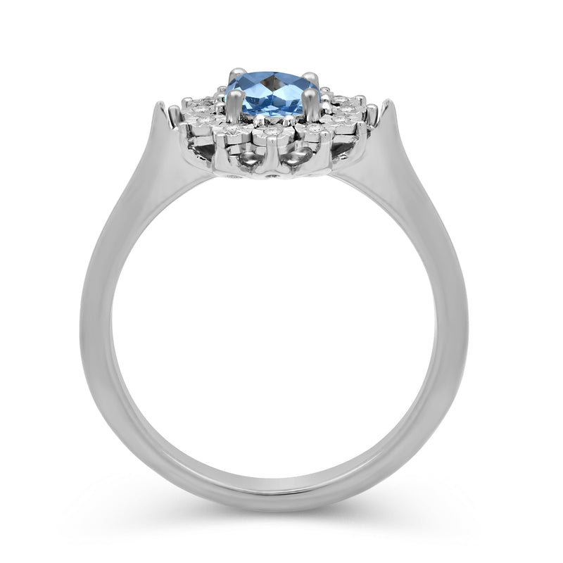 Jewelili Sterling Sliver Created Aqua spinal and 1/20 Cttw Natural White Round Diamond Halo Engagement Ring