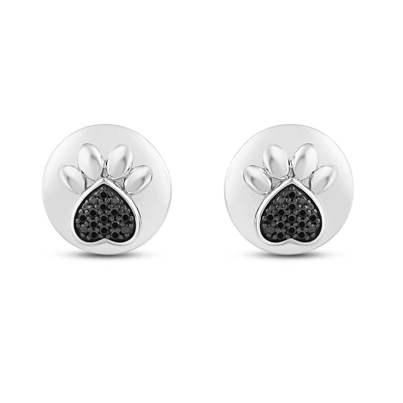 Jewelili Sterling Silver Natural Black Round Diamond Paw Print Stud Earrings