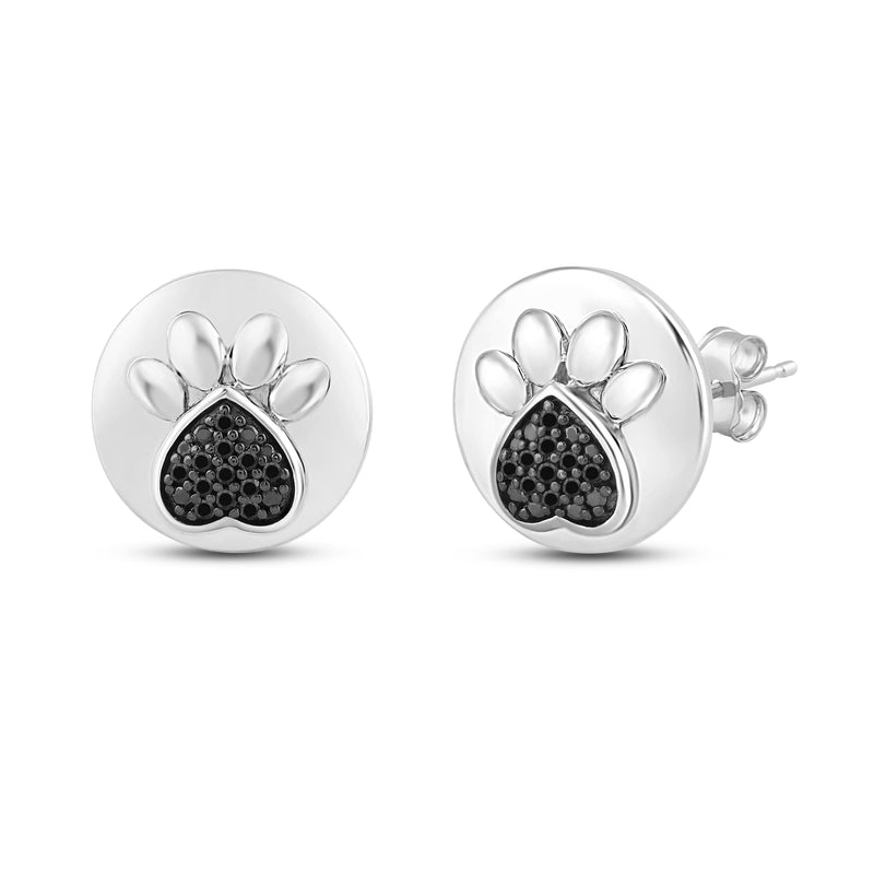 Jewelili Sterling Silver Natural Black Round Diamond Paw Print Stud Earrings