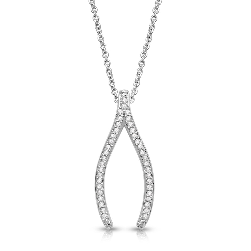 Jewelili Sterling Silver 1/10 Cttw Natural White Round Diamond Wishbone Pendant Necklace