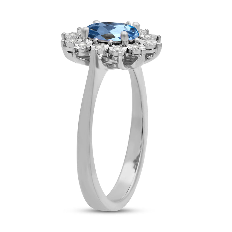 Jewelili Sterling Sliver Created Aqua spinal and 1/20 Cttw Natural White Round Diamond Halo Engagement Ring