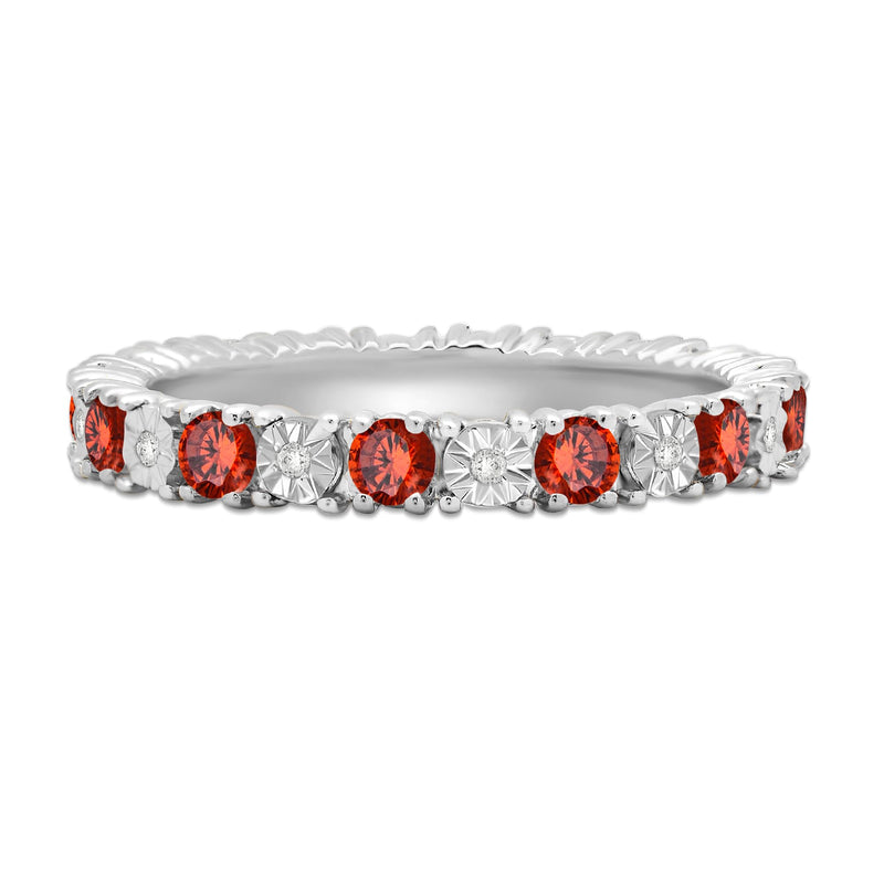 Jewelili Sterling Silver Garnet Cubic Zirconia & 1/20 CTTW Natural White Round Diamonds Full Eternity Stackable Ring